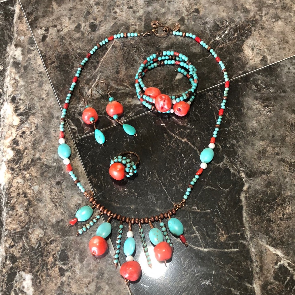 4 piece Coral jewelry set. Handcrafted with genuine stones and wooden be…